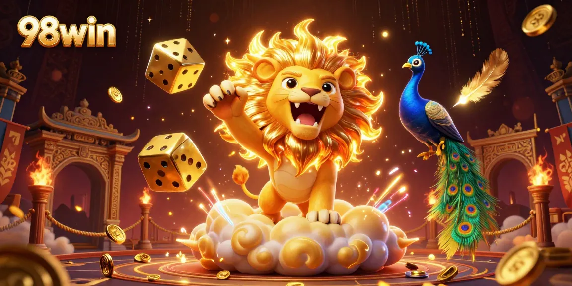 Experience the thrill of 98win with pulsating energy, showcasing golden dice, and dynamic casino elements.