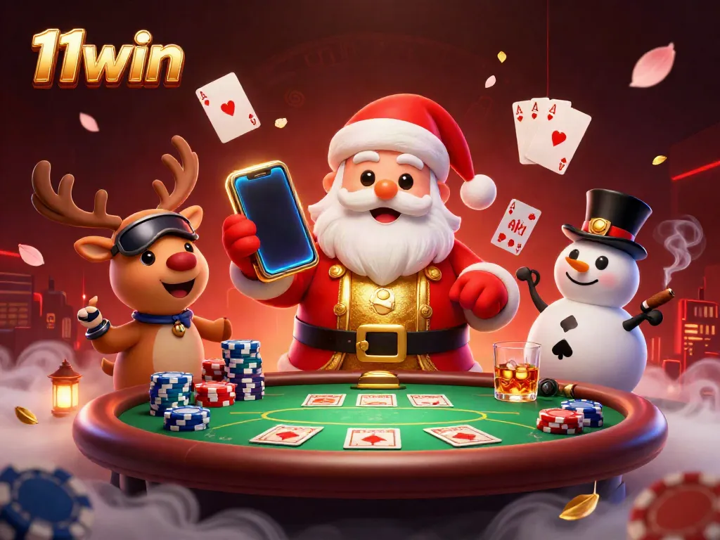 Win big with 11win at a lively casino scene featuring Santa and friends celebrating jackpots.