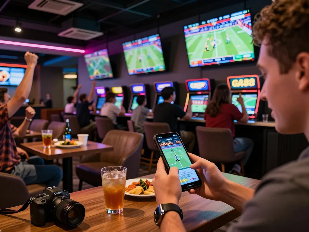 Patrons engaging in sports betting at a lively lounge with screens showcasing GA88 odds.
