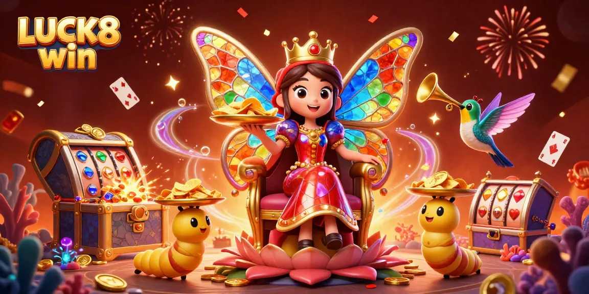 Experience LUCK8 win with the vibrant butterfly queen amidst dynamic casino elements.