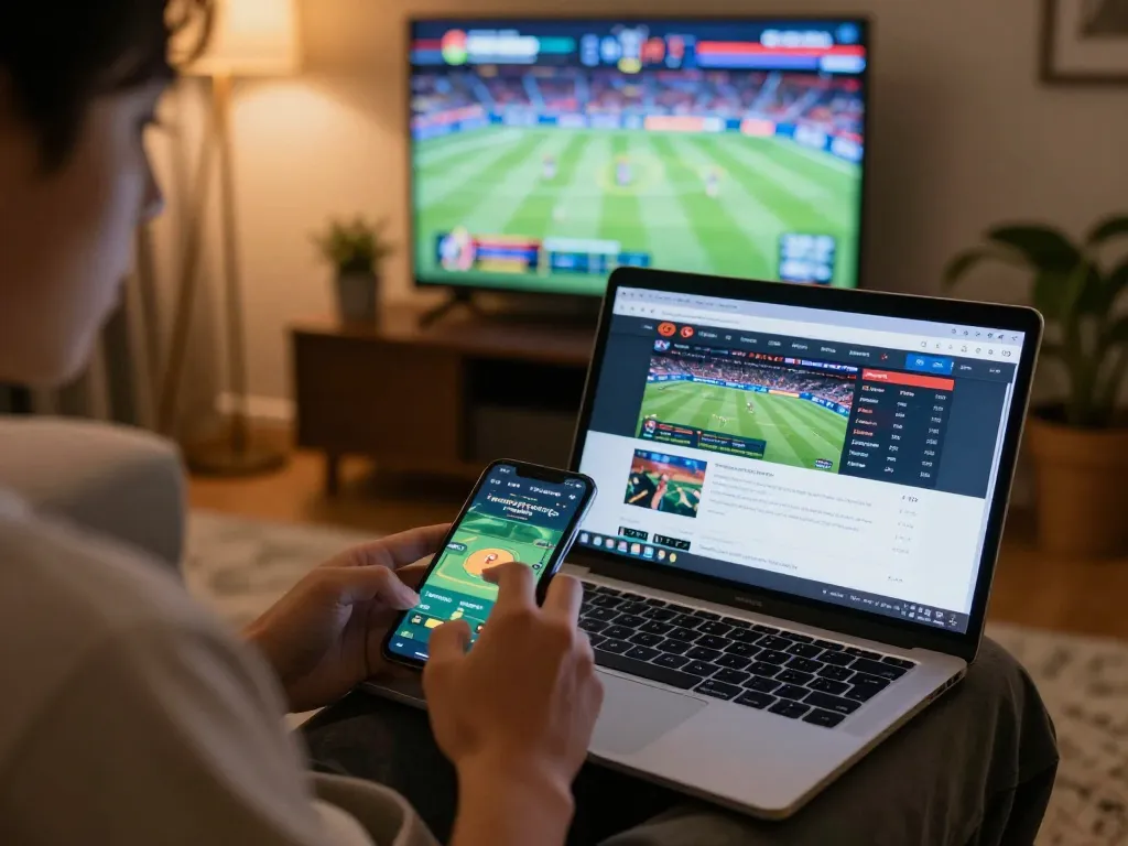 Betting strategies on smartphone for 99ok in a cozy home setting with sports events on TV.