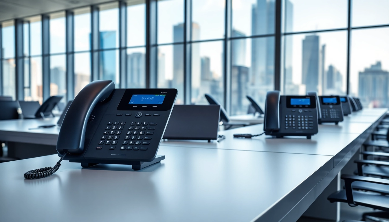 Showcasing advanced telephone systems in a modern office environment, highlighting features of professional communication.