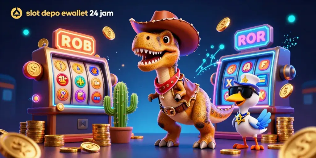Menggenggam slot depo ewallet 24 jam dengan cara seru di kasino, dikelilingi karakter lucu dan harta karun berkilau.