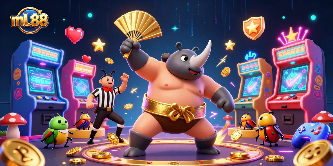 Win big at ml.88 as the sumo beetle champion celebrates with coins and colorful casino elements.