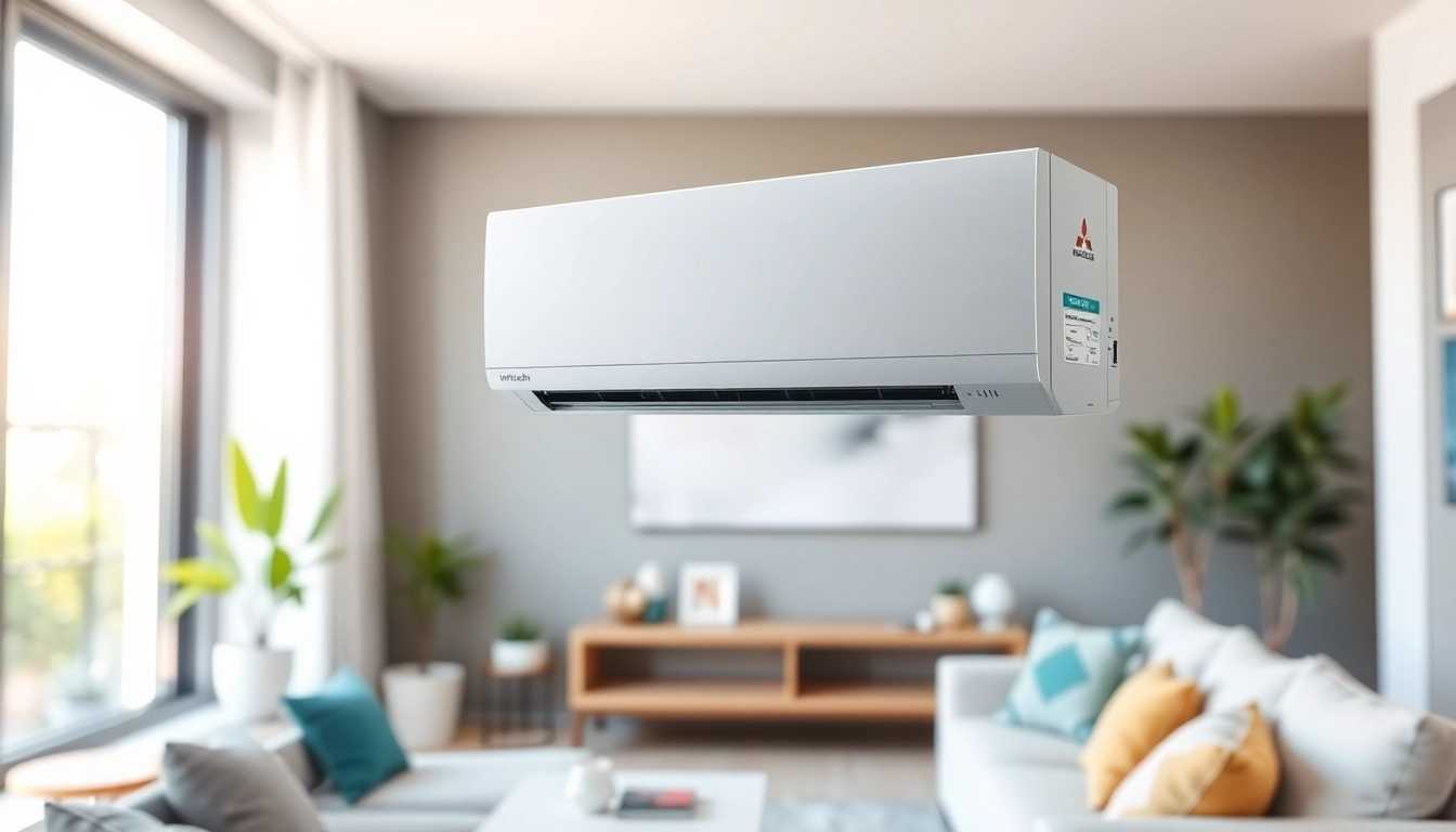 Mitsubishi mini split AC mounted in a stylish modern living room showcasing efficiency and design.