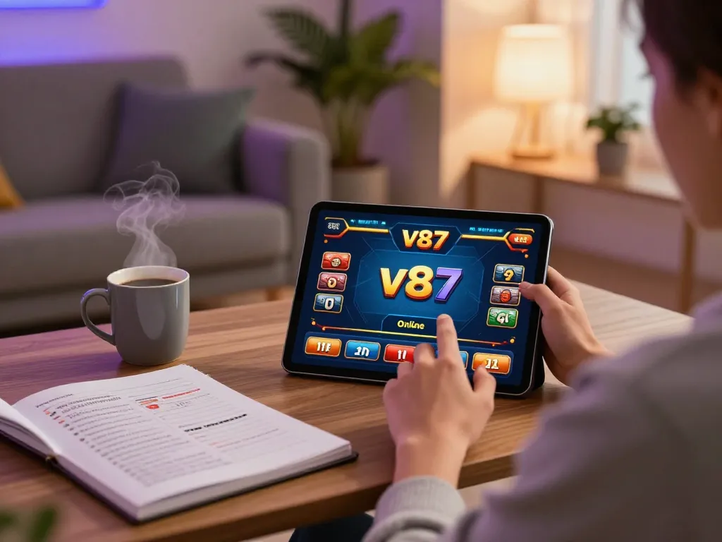 Berinteraksi dengan permainan kasino online v87 di tablet dalam suasana rumah yang nyaman.