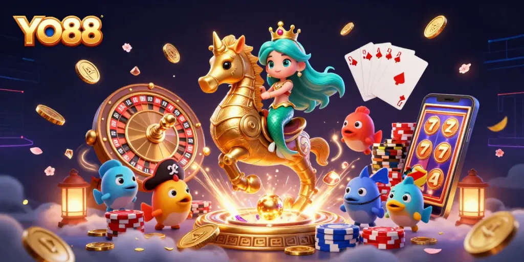 Spin to win with YO88 in this vibrant casino-themed illustration featuring a magical underwater adventure.