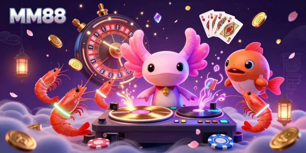 Experience the excitement of MM88 with vibrant casino elements around a neon axolotl DJ playing underwater.