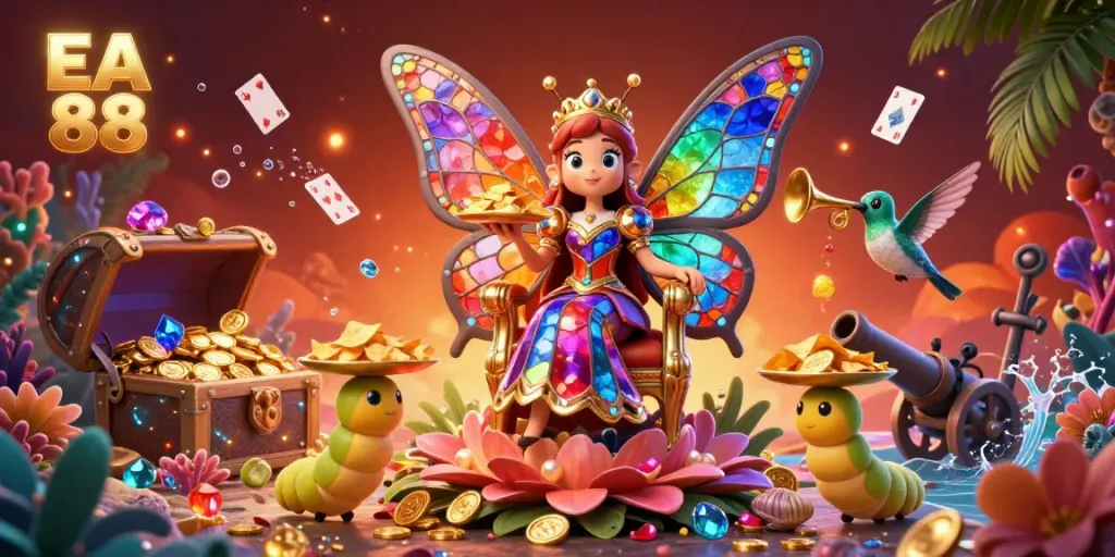 Engage with EA 88's vibrant casino world, where a butterfly queen presides over a treasure-filled scene of gold and riches.