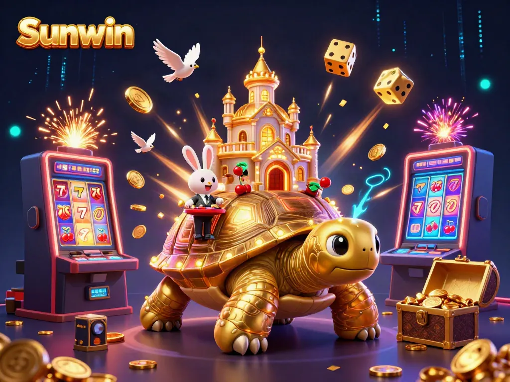 Engaging Sunwin casino scene featuring a golden tortoise, rabbit dealer, and winning elements.