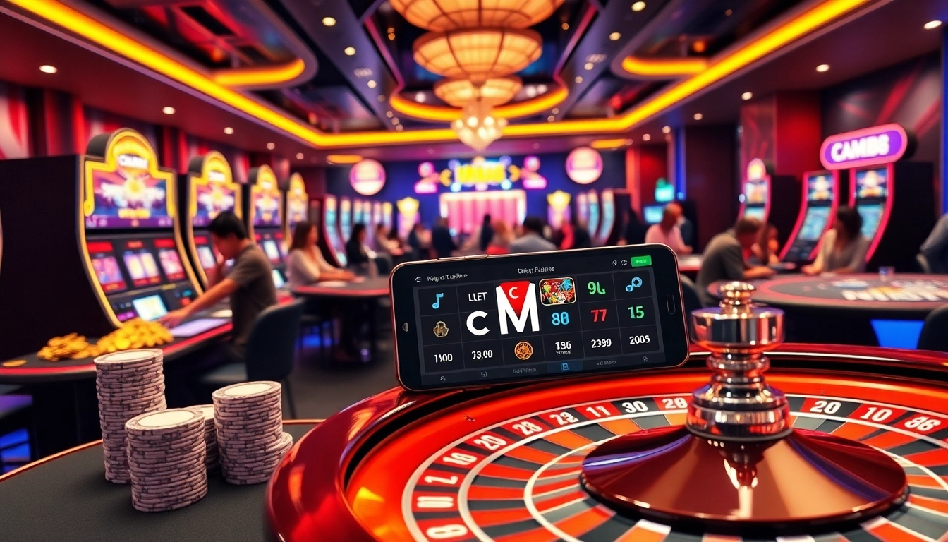 Engaging players betting at a table while showcasing tải app cm88 on a smartphone in a modern casino.