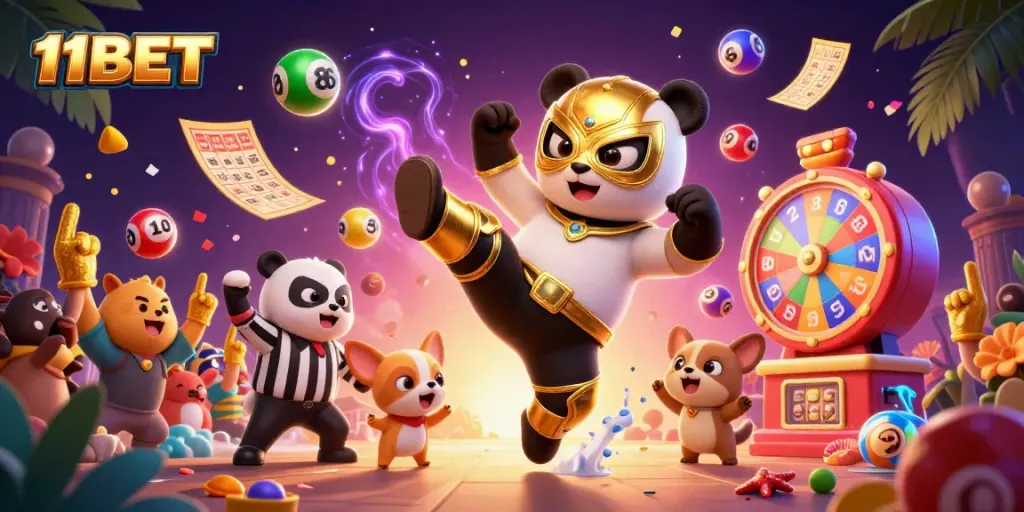 Join the excitement at 11BET with a dynamic casino scene featuring colorful lottery balls and engaging characters.