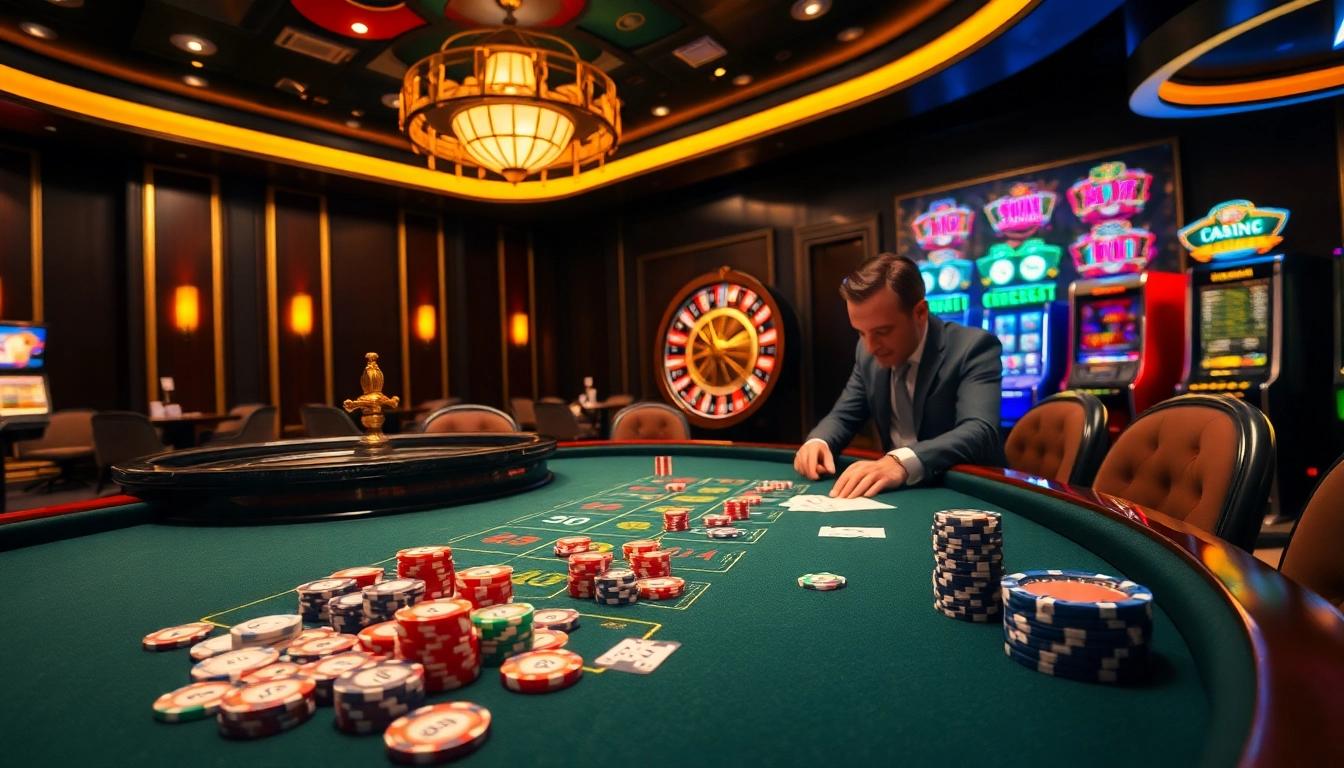 Players enjoying poker at MM88's luxurious casino table, surrounded by vibrant chips and cards.