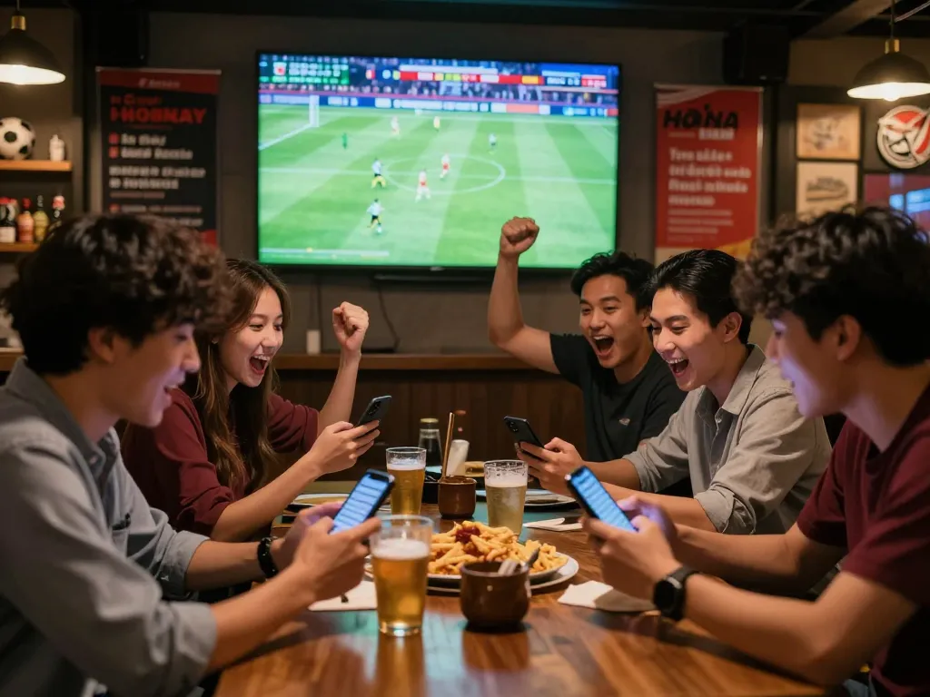 Kèo nhà cái hôm nay odds getting analyzed by friends cheering at the pub during a football match