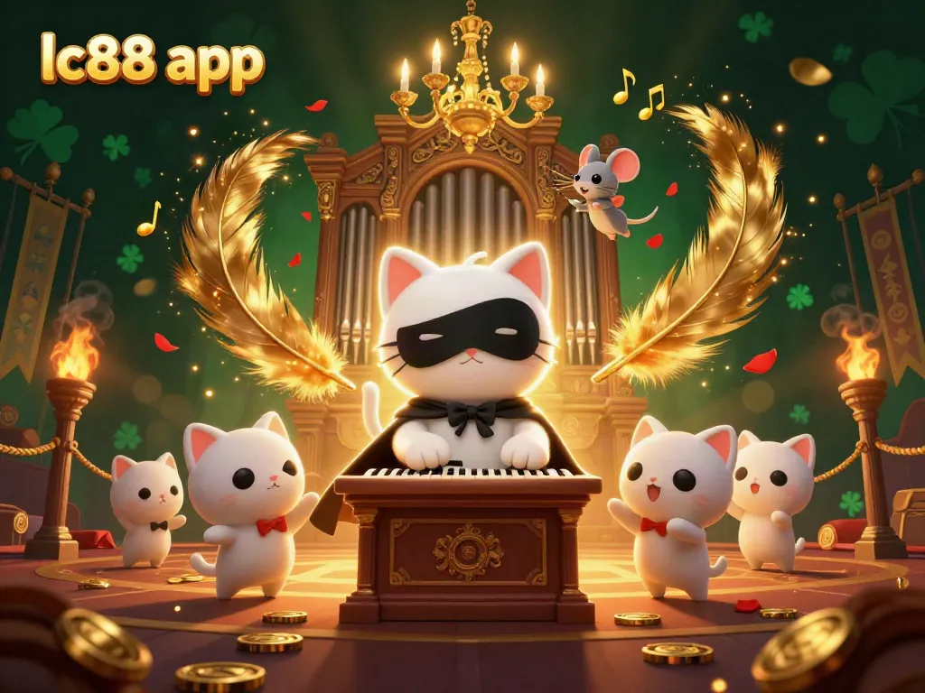 Experience the excitement of the lc88 app with a whimsical casino-themed scene featuring a charming cat and a mouse acrobat.