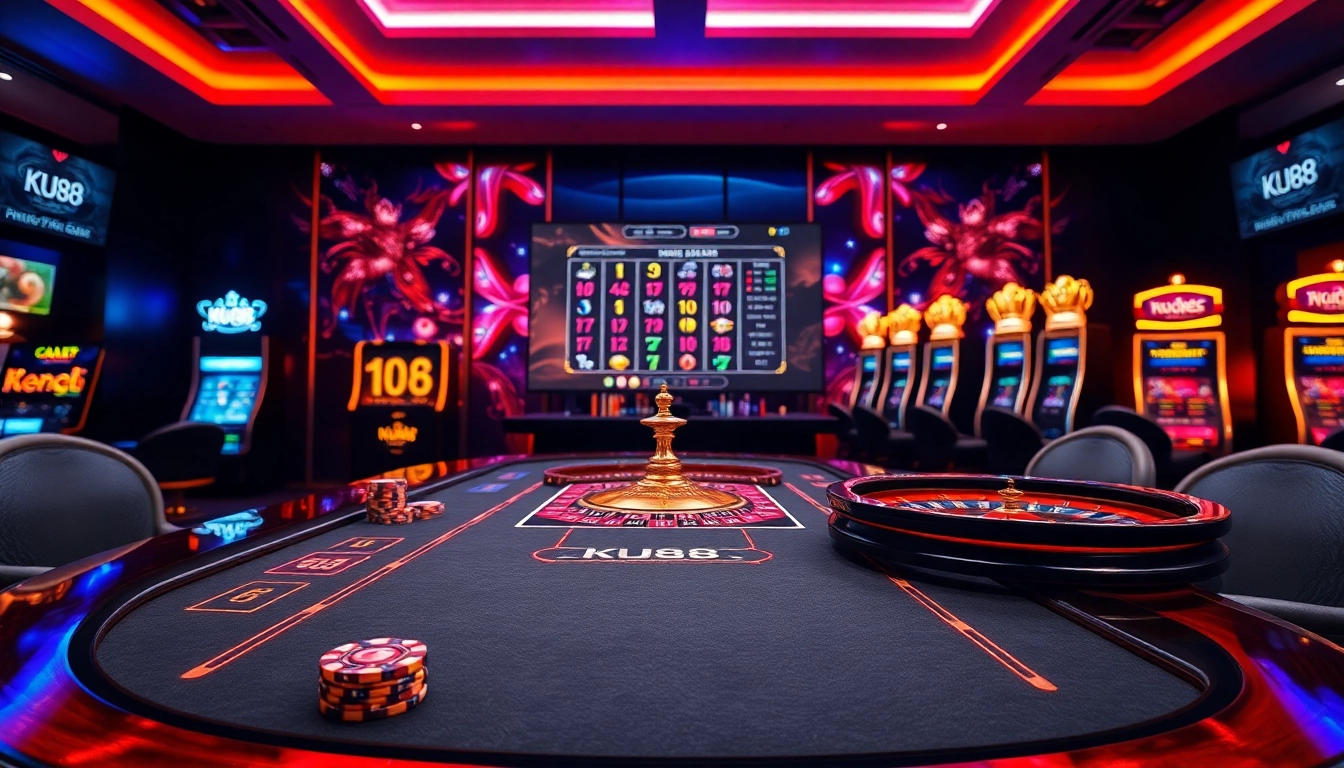 Experience luxury gaming and excitement at KU88 with poker chips and roulette in a vibrant casino atmosphere.
