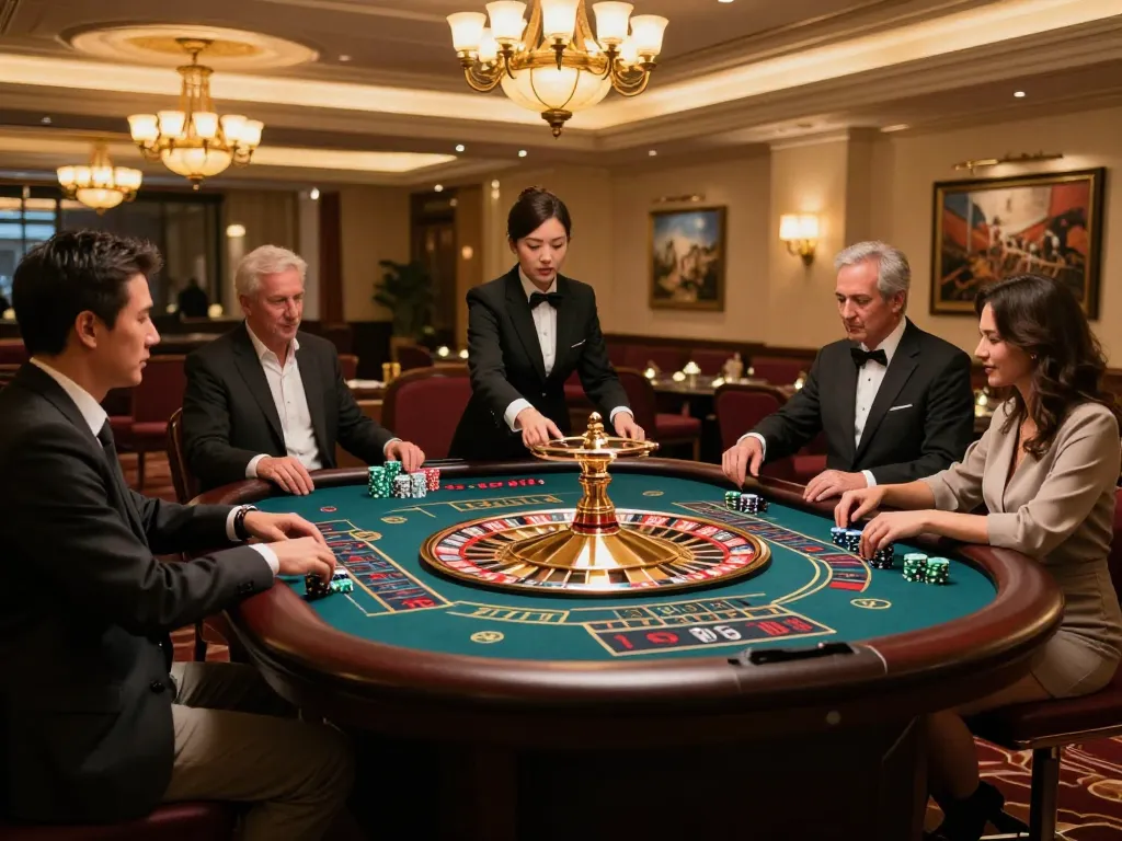 Experience the thrill of roulette at TX88 with players eagerly placing bets at an elegant casino table.