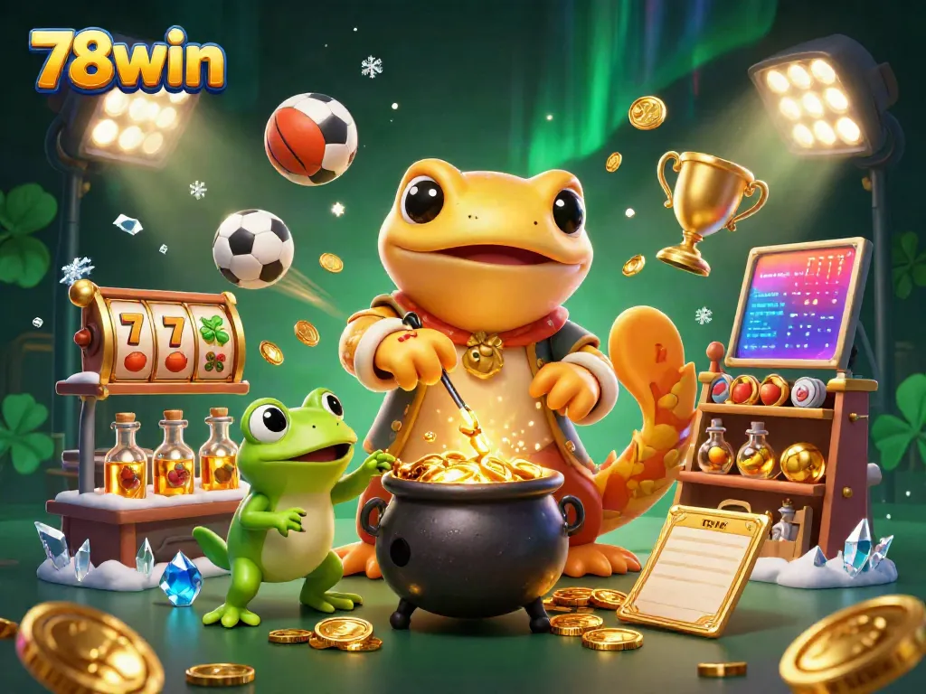 Experience the excitement of gambling at 78win com with a vibrant illustration of a golden salamander alchemist and dynamic casino elements.