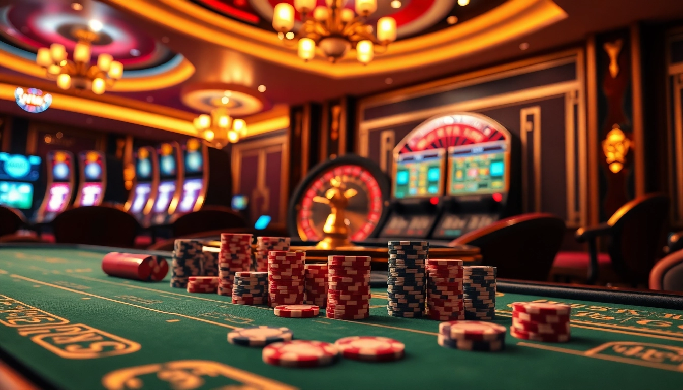 Experience the excitement of online gambling at trang chủ vswin, featuring vibrant casino tables and slot machines.