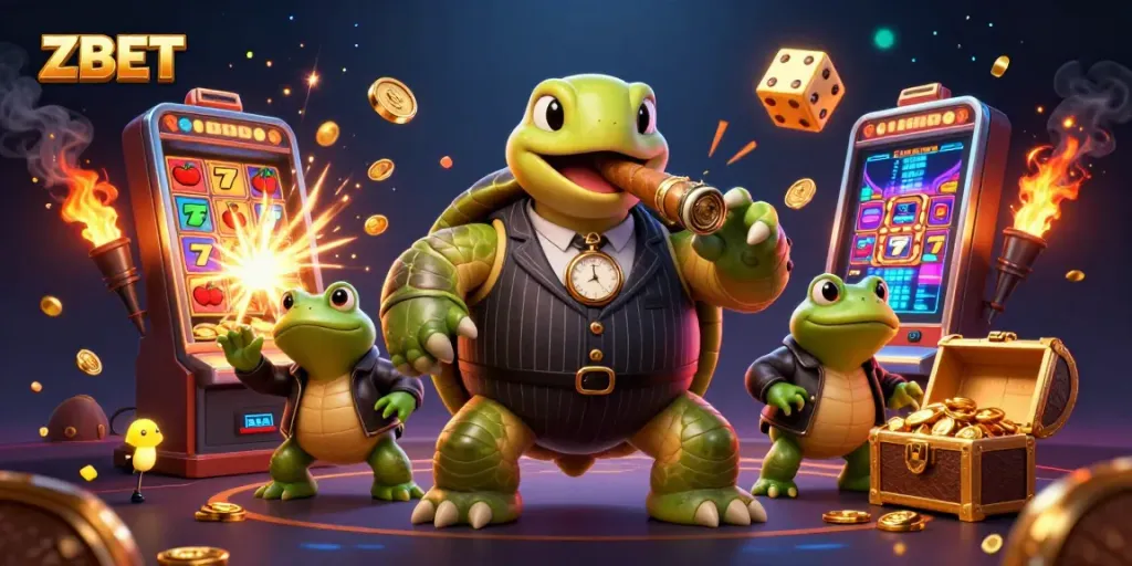 ZBET transforms players into winners with a vibrant gambling scene featuring a lucky turtle and wild coins.