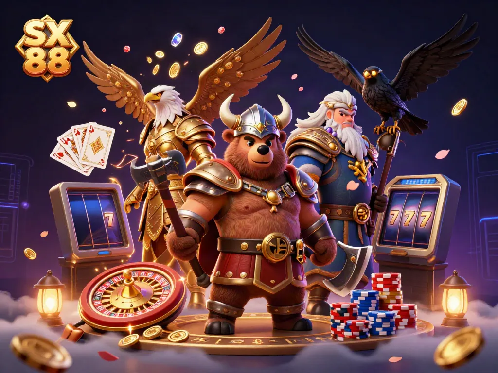 Experience the entertainment of SX 88 with dynamic 3D casino elements and characters in a vibrant illustration.