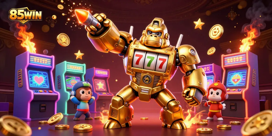 Immerse in the exciting gaming adventure of 85WIN with a dynamic 3D casino scene full of colorful machines and jackpots.