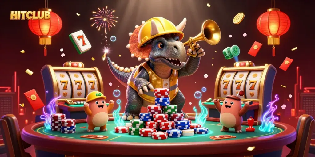 HITCLUB brings excitement with cartoon characters celebrating at a vibrant casino scene.