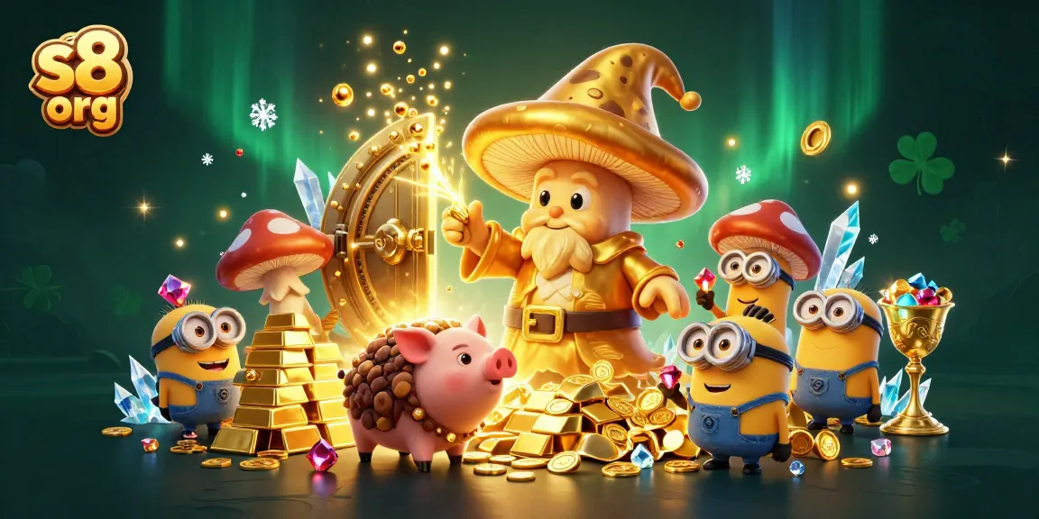 Winning at slots with S8 org's vibrant golden treasures and mystical figures filled with gems.