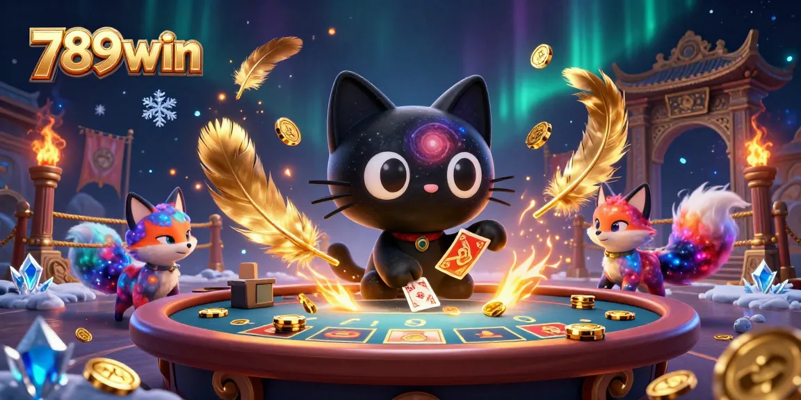 Draw in golden chips and cards at 789win's cosmic casino table with a black hole cat and colorful nebula fox.