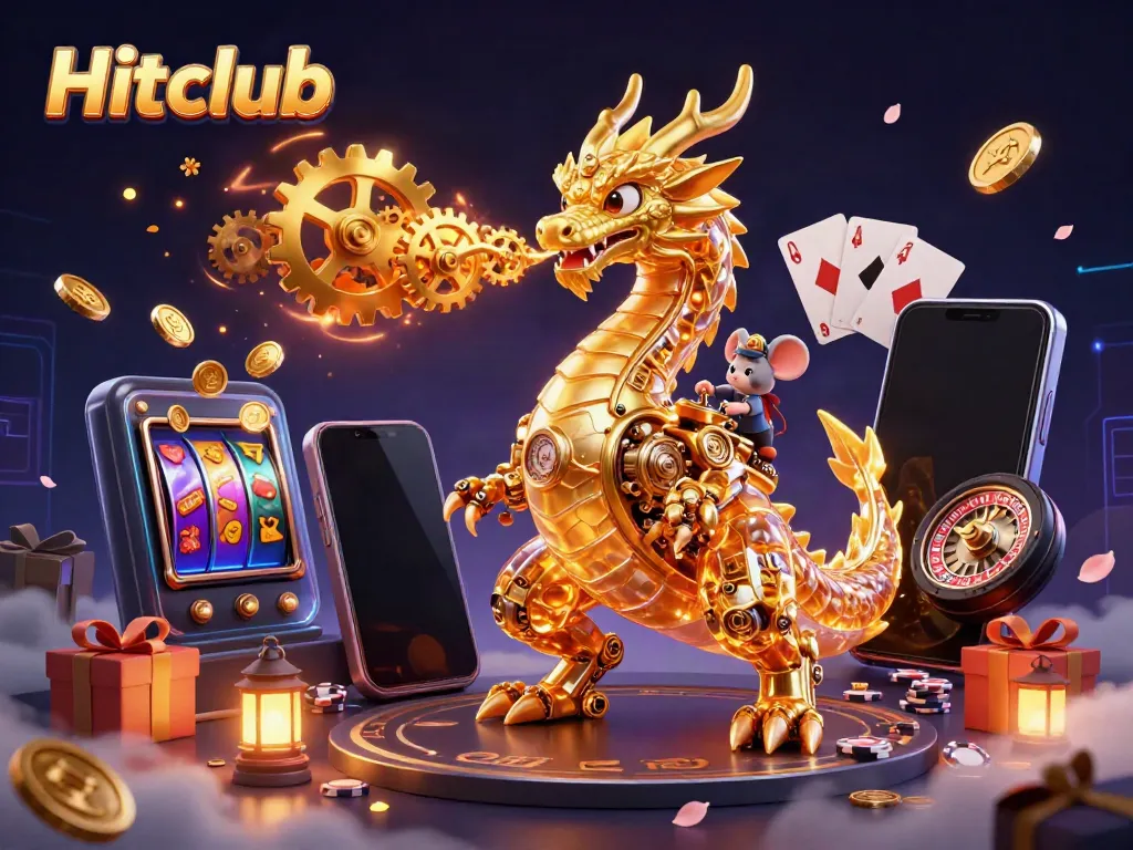 Experience the magical world of Hitclub with an enchanting dragon and slot games in a captivating scene.