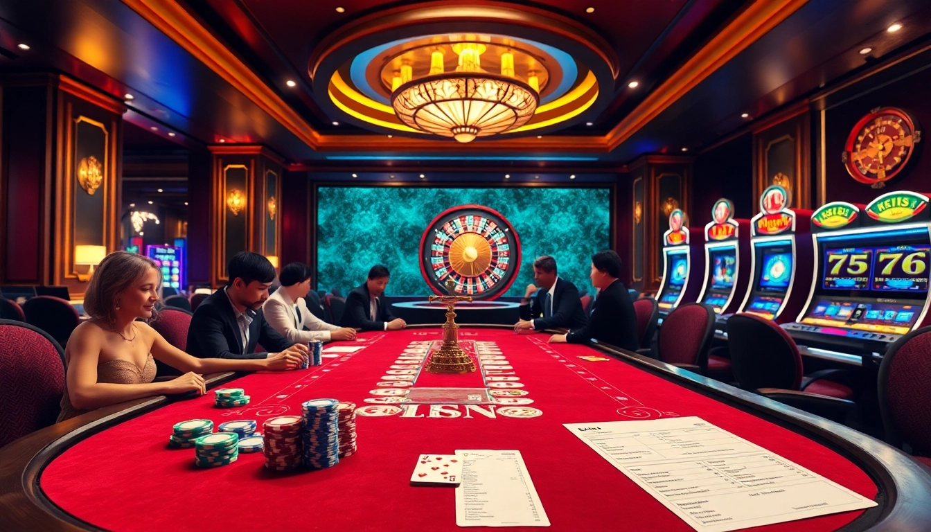 Players competing at a professional poker table on https://mm88.press/ with vibrant chips and cards.