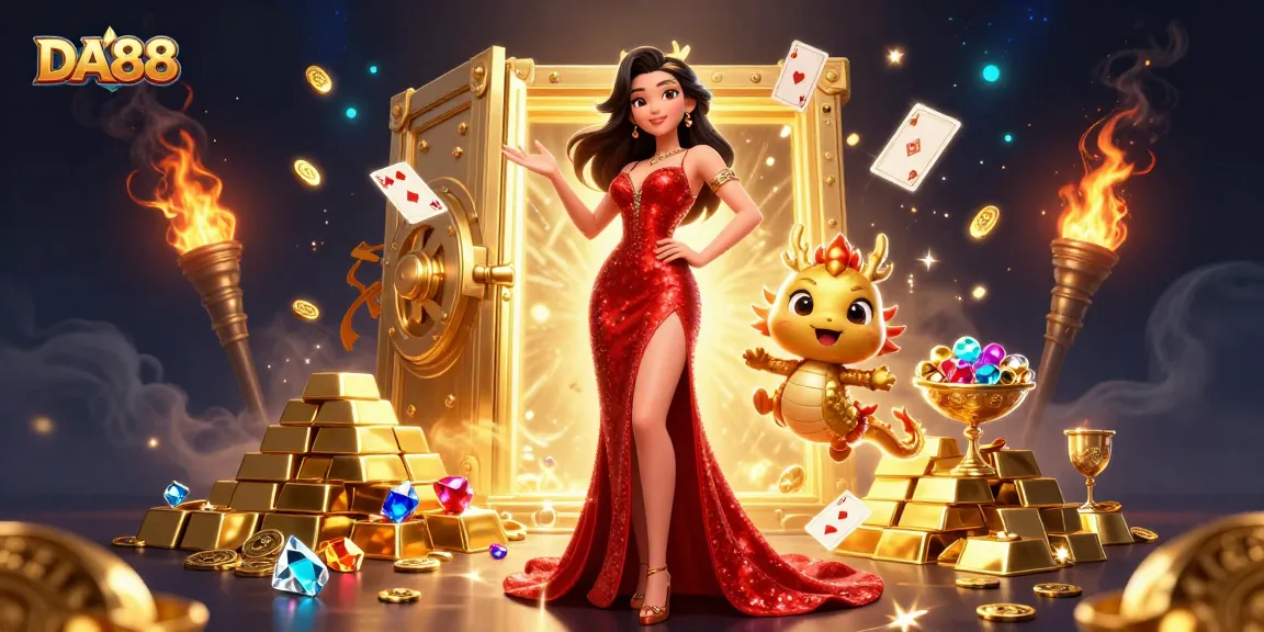 Engage with DA88 in a vibrant casino scene featuring an elegant woman and treasures.