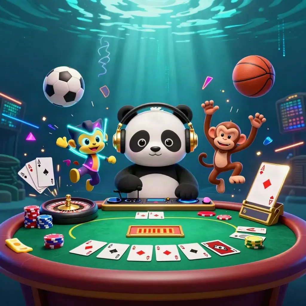 Panda DJ, monkey and glow kitten amid chips, cards, and flying sports balls