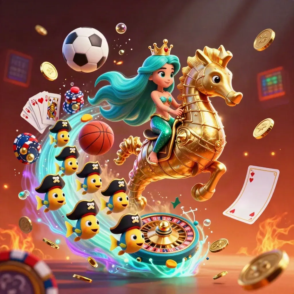 Mermaid princess on armored seahorse amid coins, cards, chips, roulette, fish, and glowing casino light.