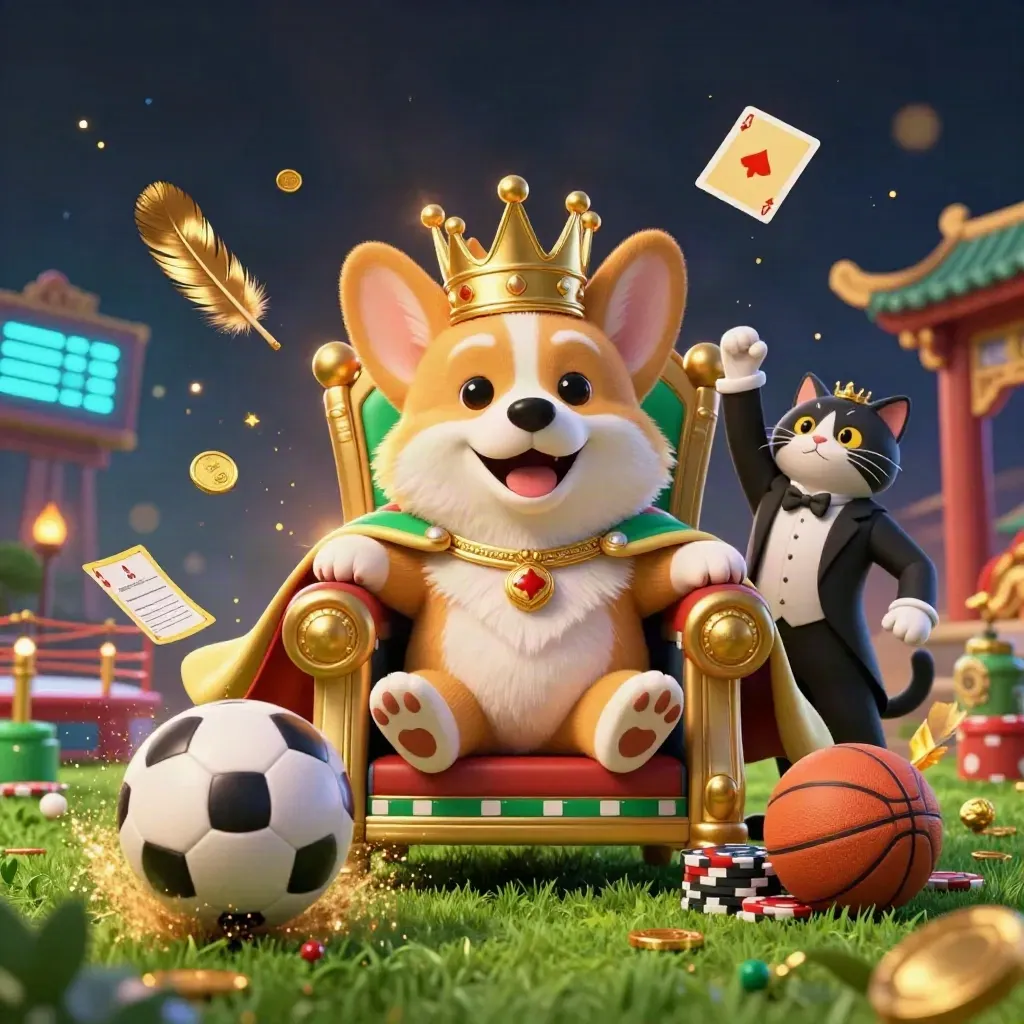 Royal corgi and cat butler amid exploding soccer action, gold chips, and casino magic.