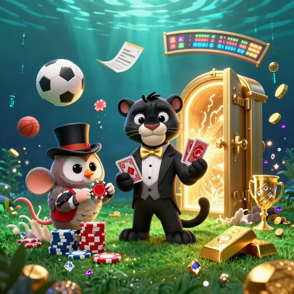 Panther, owl, and mouse amid gold, gems, and flying sports balls in luxe casino light.