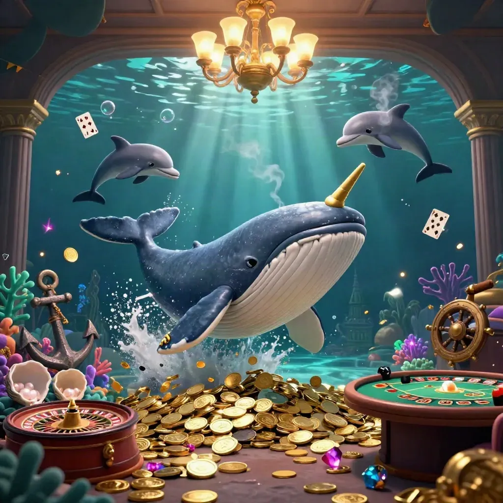Whale captain, narwhal and dolphins in a jeweled underwater casino cove with coins, coral, and sparks.