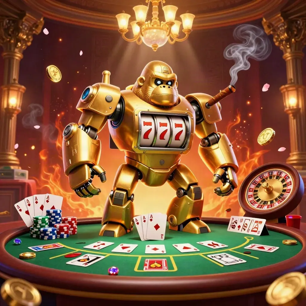 Golden gorilla mech and monkey pilot in a luxe casino with cards, chips, roulette, and ember glow.