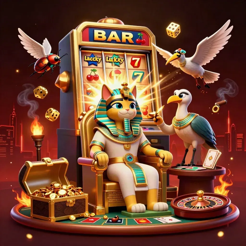 Pharaoh cat throne scene with ibis scribe, gem-wing scarabs, exploding slot machine, and glowing casino artifacts.