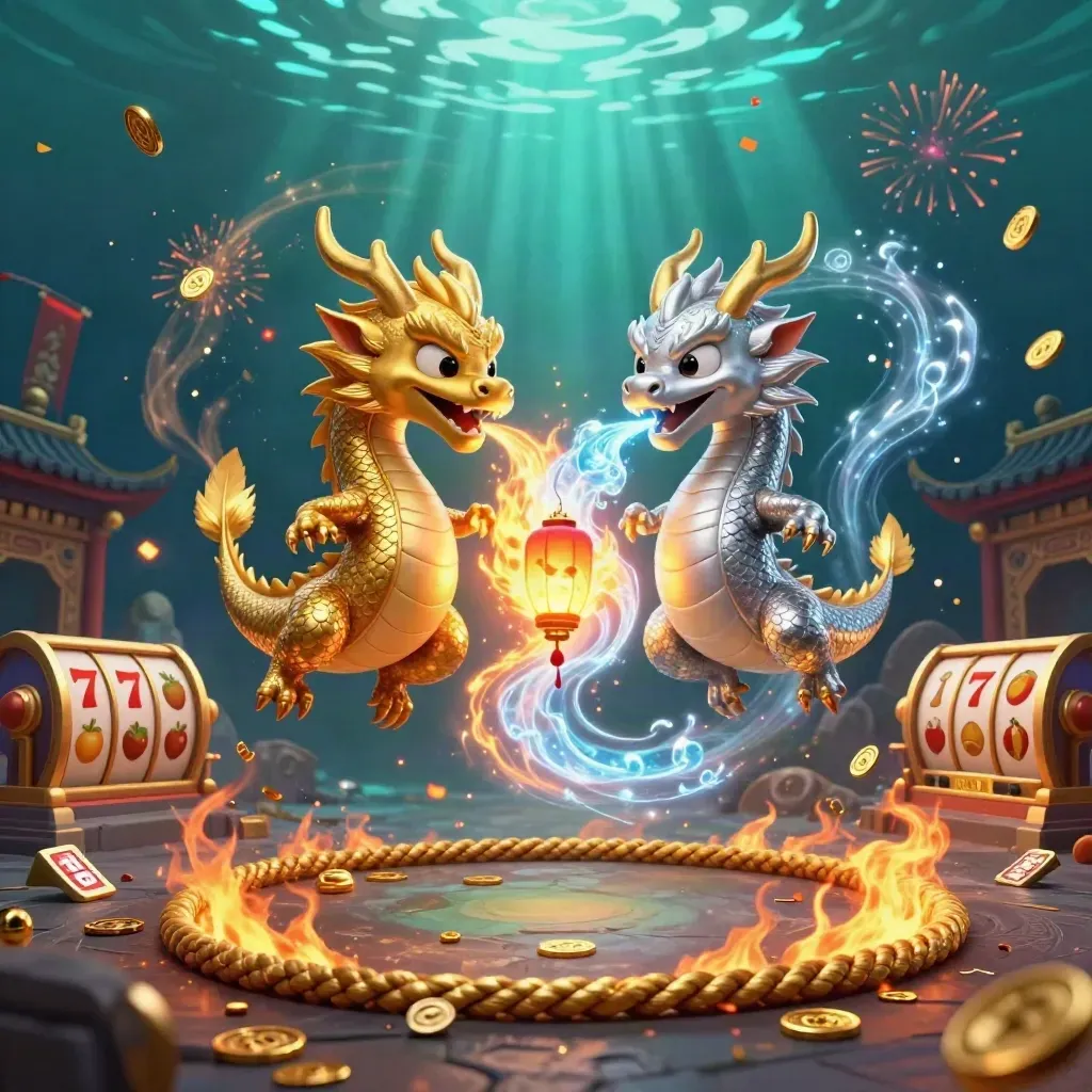 Twin gold and silver dragons spiral around a lantern spirit above coins, temple gates, and forest-casino magic.