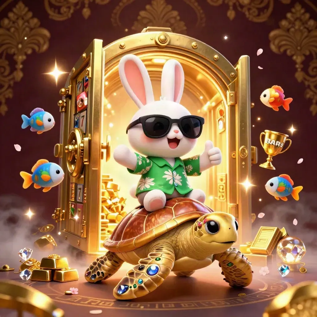 Lucky rabbit rides a jeweled sea turtle amid treasure, gems, and casino magic.