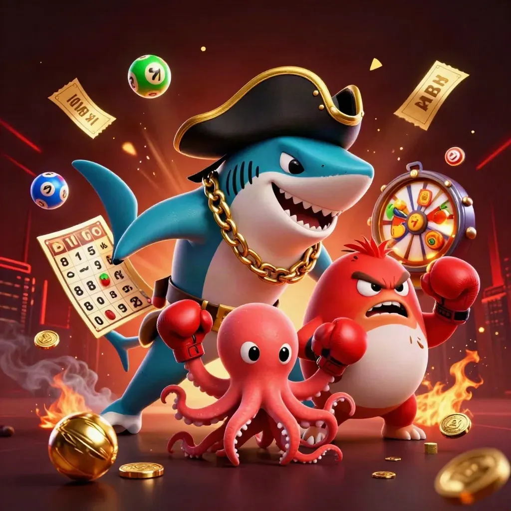 Pirate shark, boxing pufferfish, and coin-juggling octopus in a fiery casino splash scene.
