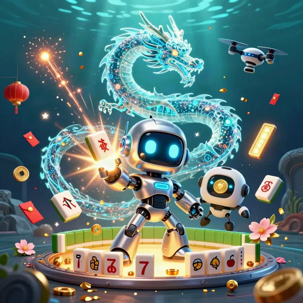 Robot, holographic dragon and coin drone burst treasure, tiles and lanterns in a glowing cave heist scene.