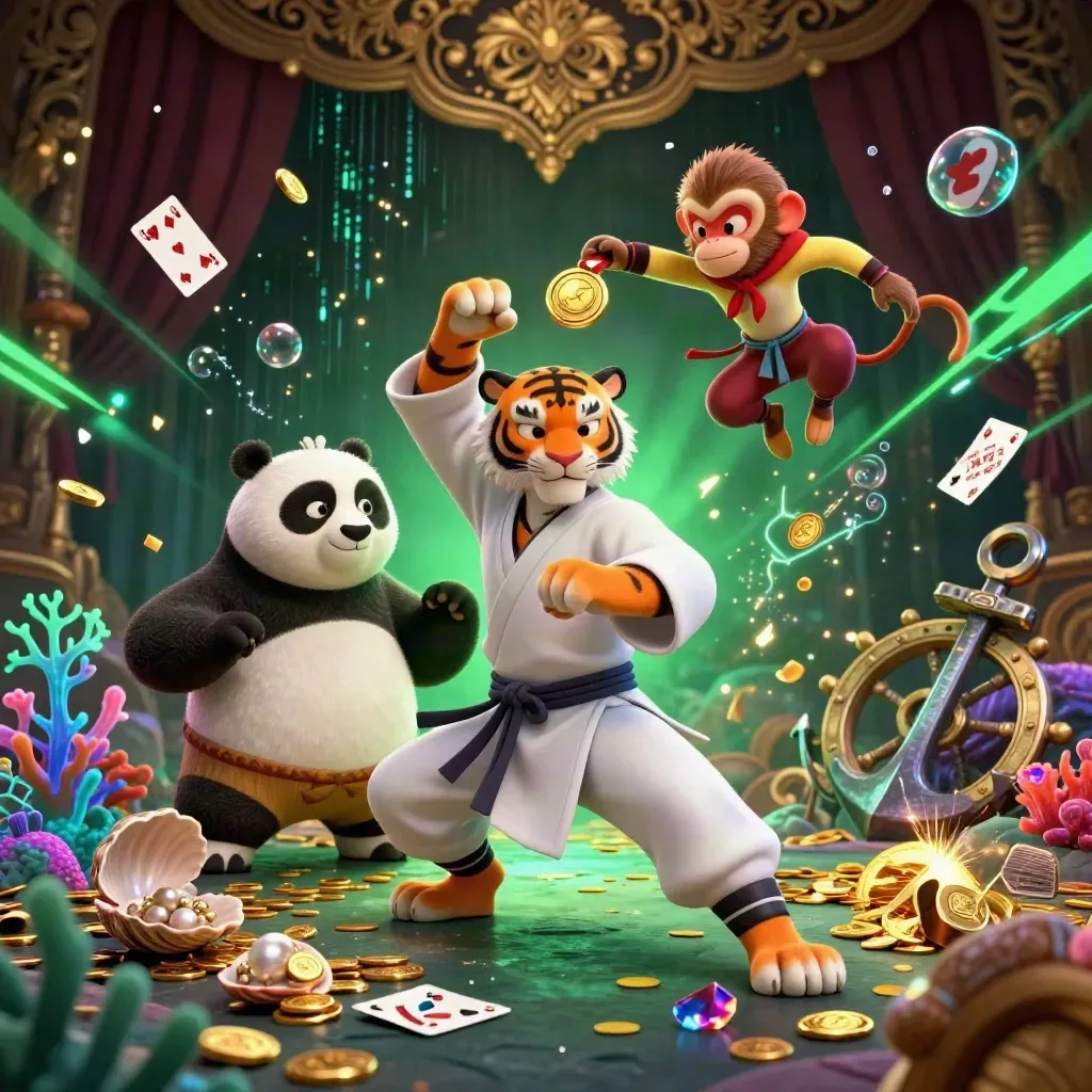 Tiger, panda, and monkey in a neon underwater treasure cove with coins, coral, and cards.