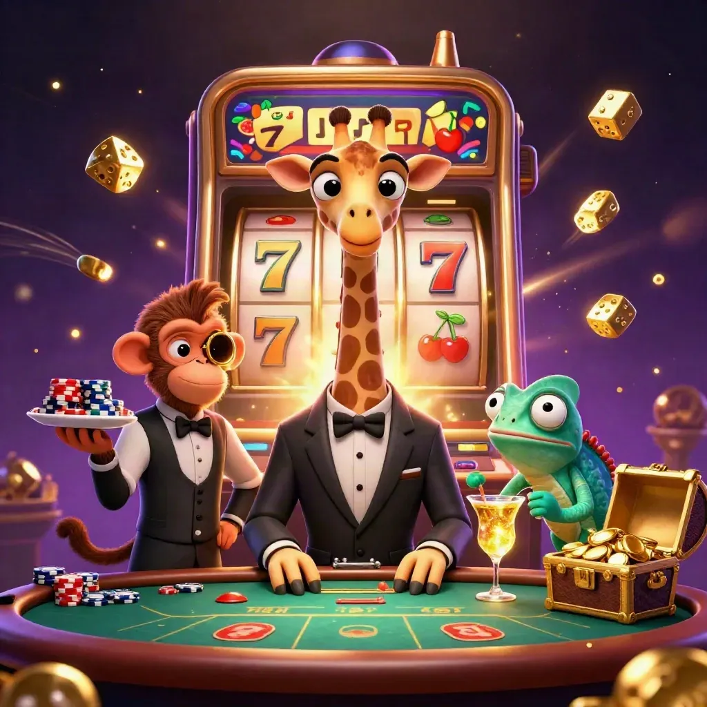 Giraffe, monkey, and chameleon at a jackpot slot burst with gold and light