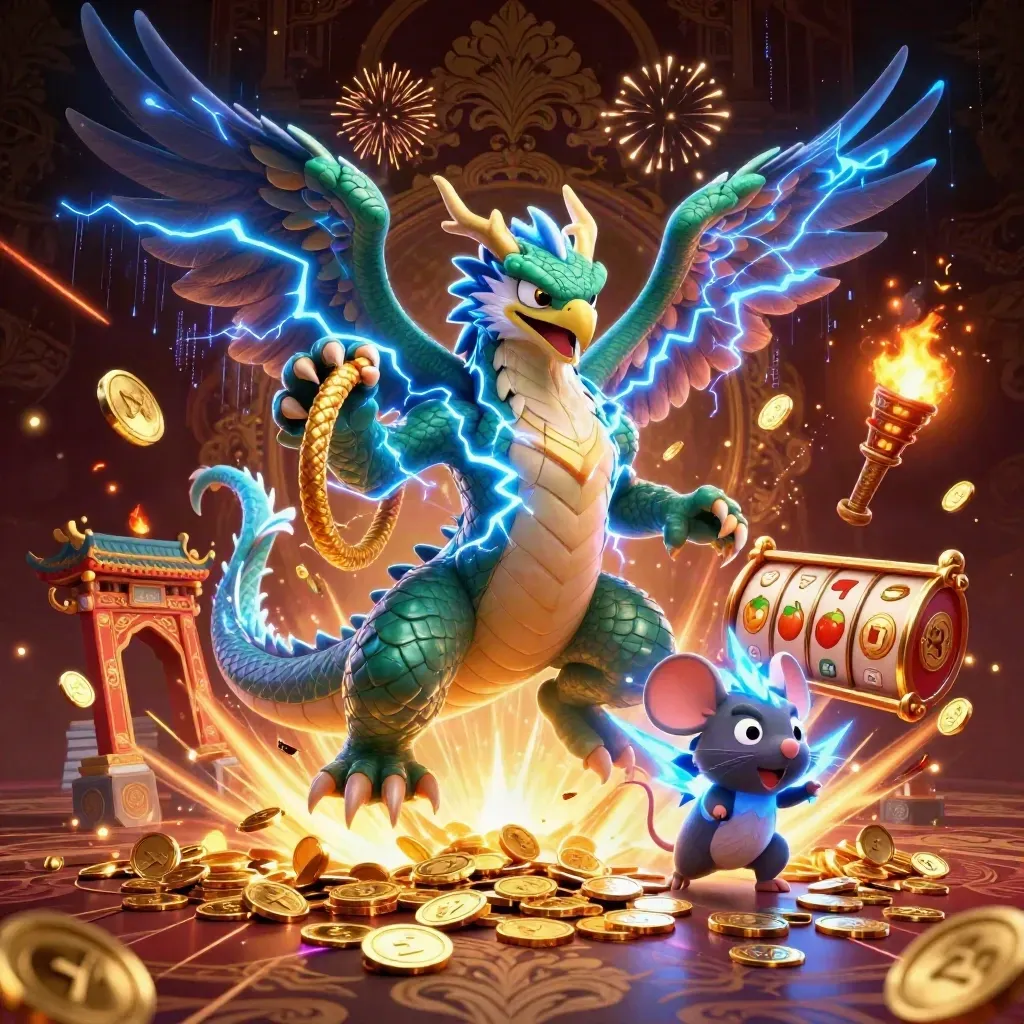 Thunder dragon, hawk, and mouse amid coins, reels, and fireworks in luxe casino fantasy