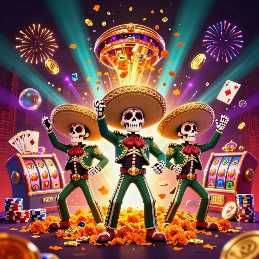 Three sugar-skull mariachi skeletons amid a vault burst, coins, gems, reels, and fireworks.