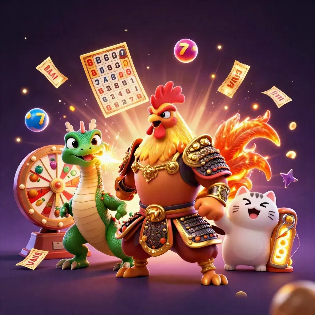 Rooster warrior, dragon hatchling, and fortune cat explode through casino loot and golden sparks