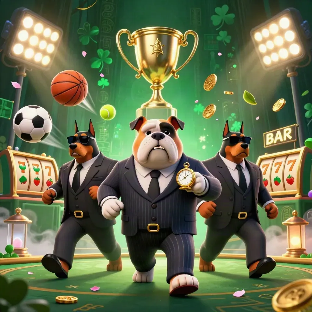 Bulldog mob boss with two Dobermans amid casino sports chaos and gold effects