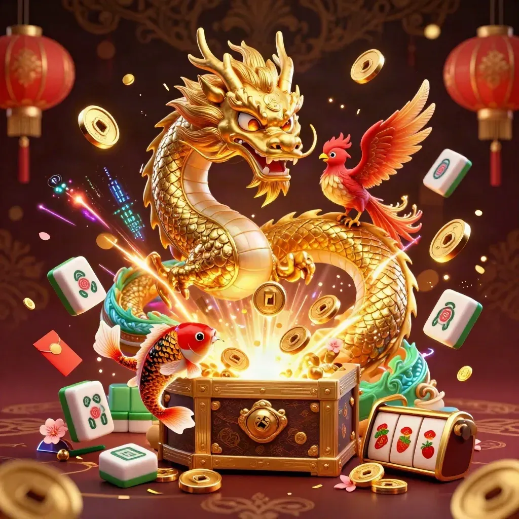 Golden dragon, phoenix, koi, coins, lanterns, fireworks and slot symbols in a luxe casino splash scene.